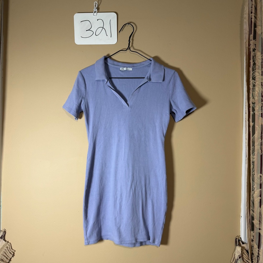 Zara Ribbed Polo Mini Dress Periwinkle Blue Short Sleeve V-Neck Large